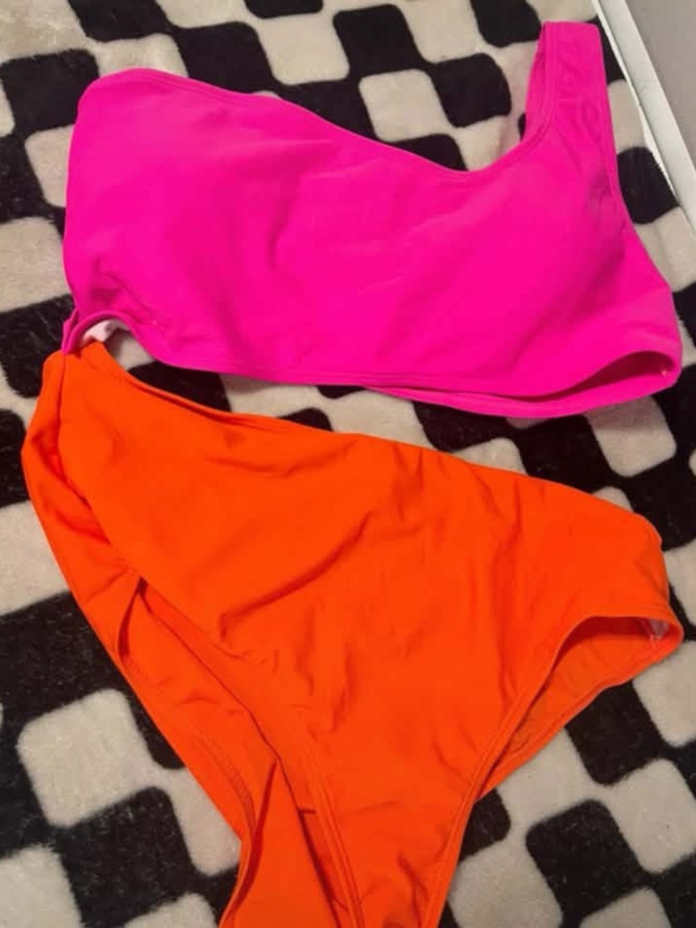 One-Shoulder Bikini Set in Hot Pink & Neon Orange